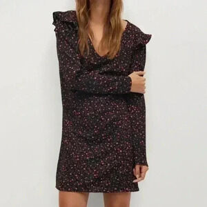 Mango Rose Pattern Ruffle Sleeve Dress Size Large